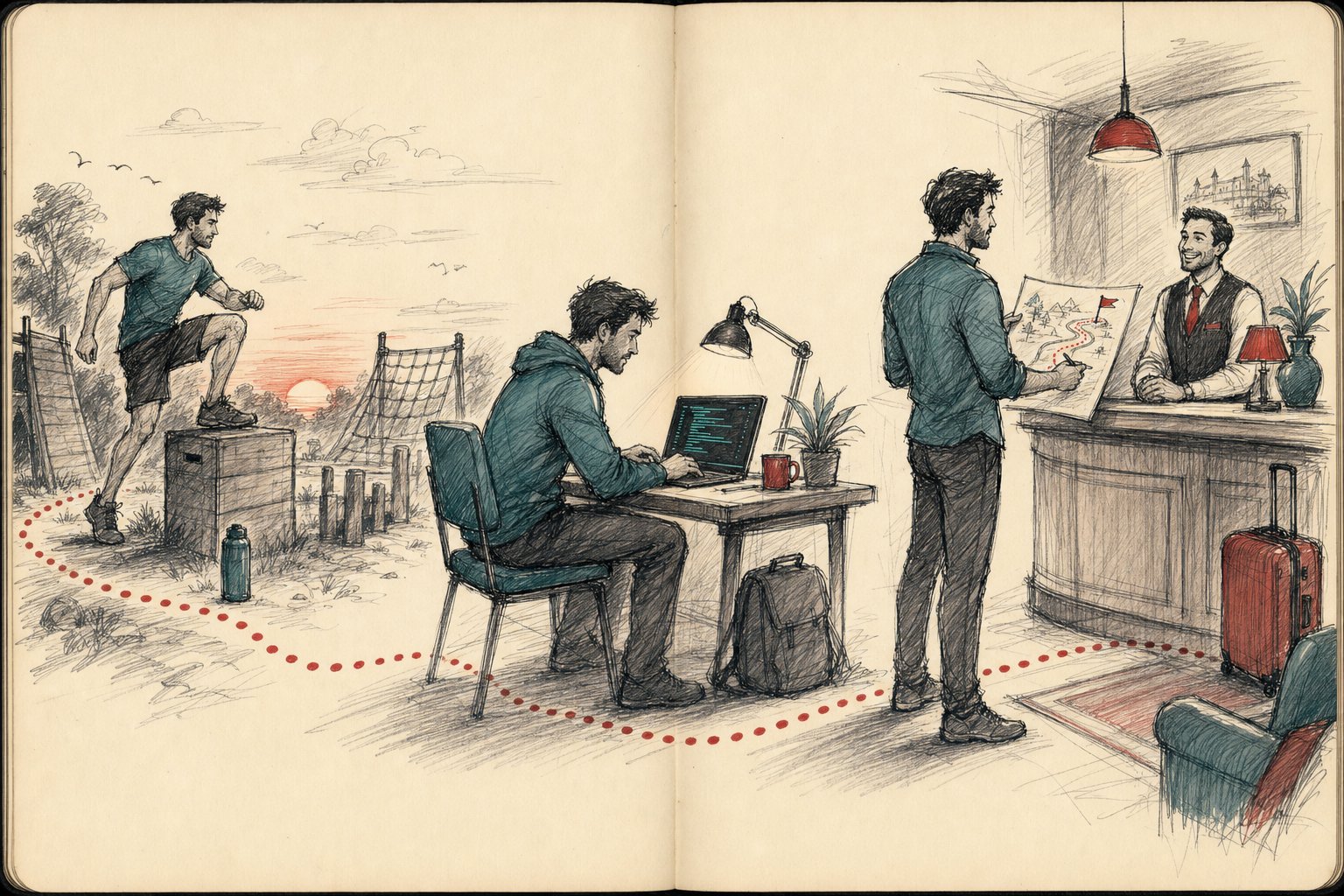 Skizze als Panorama in drei Akten: Training, dann Laptop, dann Hotel-Lobby