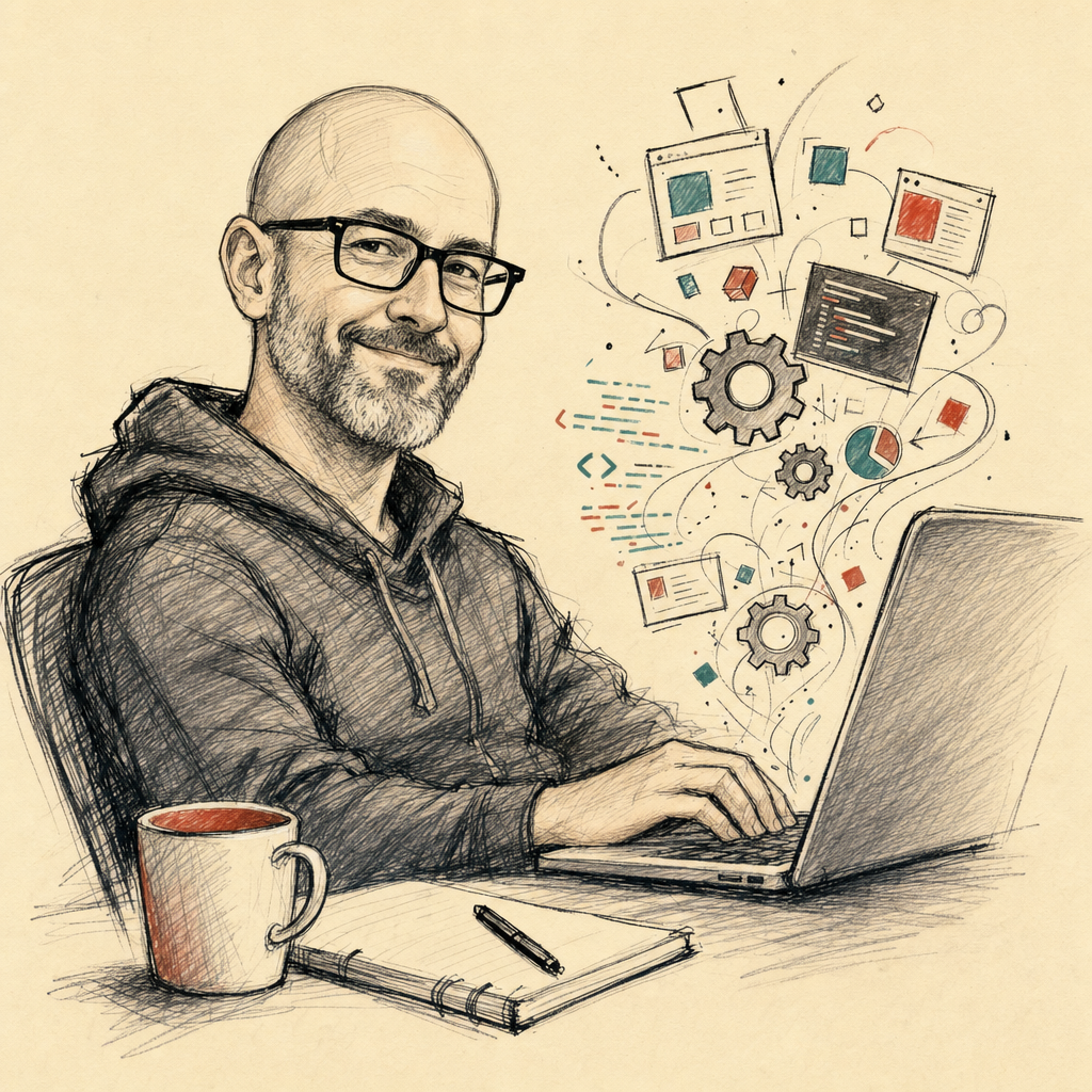 Karikatur Alex Heyers am Laptop