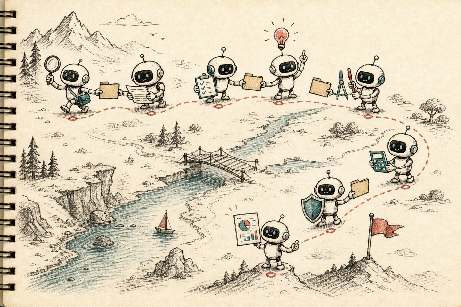 Skizze: acht Roboter-Assistenten als Staffel-Team, die einen Ordner weiterreichen