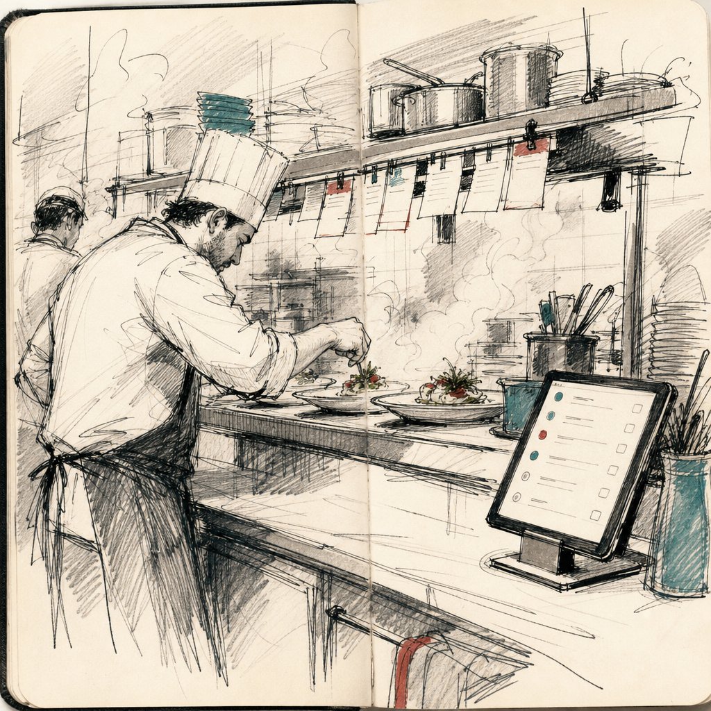 Skizze: Hotelküche mit einer Tablet-Checkliste auf der Arbeitsfläche